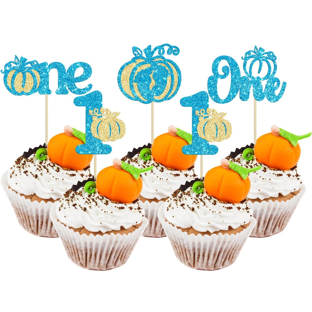 Gyufise 24Pcs Pumpkin One Birthday Cupcake Toppers Pumpkin Baby Boy 1st Birthday Cupcake Picks Pumpkin Theme Kids First Birthday Cake Decorations for Fall Harvest Baby Shower Party Decorations Blue