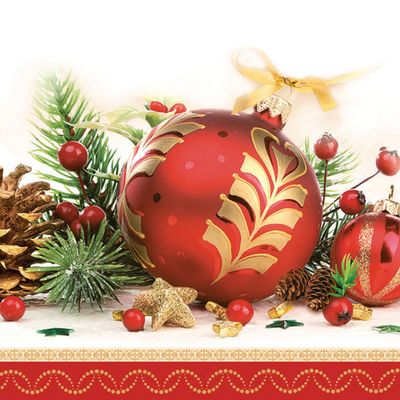 3-Ply Xmas Decoupage Tissue Paper Napkins Decorative Christmas Serviettes 33cm x 33cm - Pack of 20 (Red Decorative Bauble)