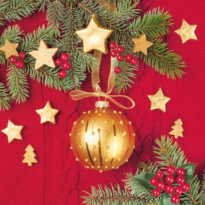 3-Ply Xmas Decoupage Tissue Paper Napkins Decorative Christmas Serviettes 33cm x 33cm - Pack of 20t (Gold Bauble on Red Wool Background)