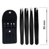 Set of 4 Tweezers in Case Slanted and Pointed Precision Stainless Steel Tweezers Black view 1