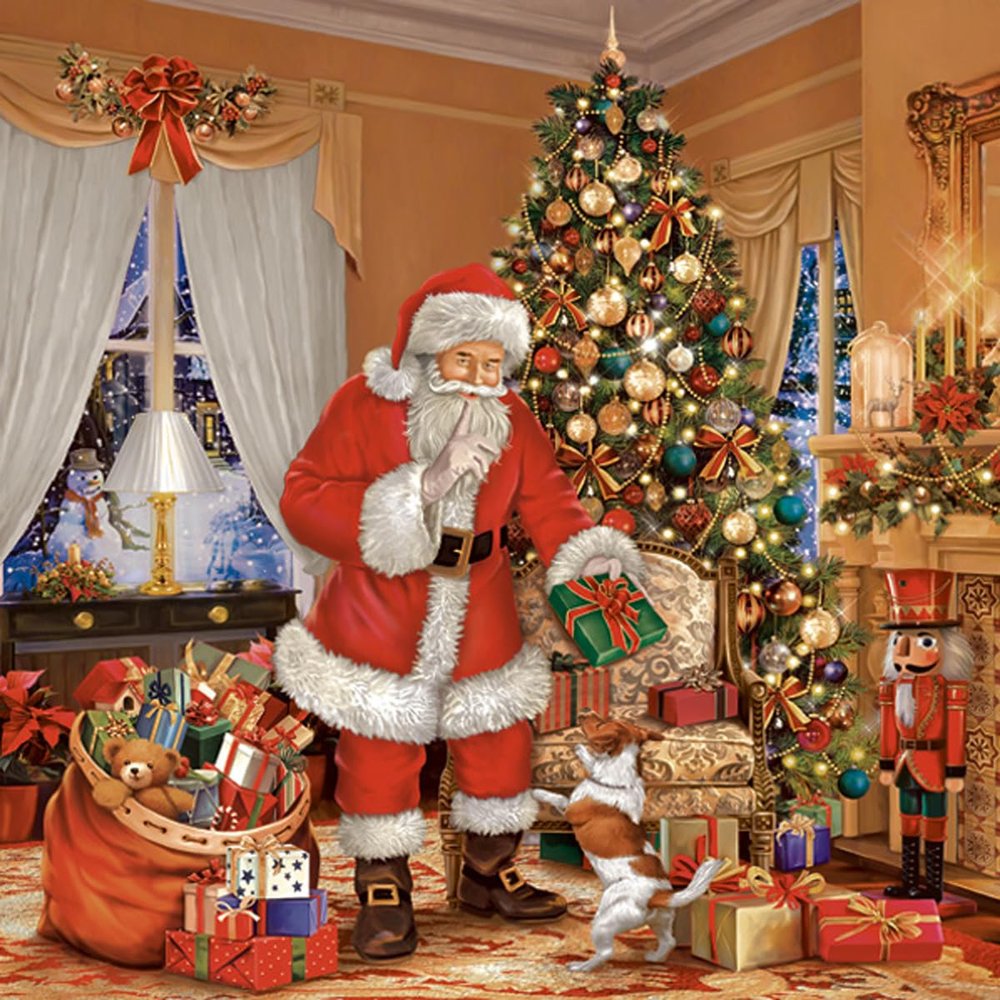 3-Ply Xmas Decoupage Tissue Paper Napkins Decorative Christmas Serviettes 33cm x 33cm - Pack of 20 (Santa Claus Giving Presents)