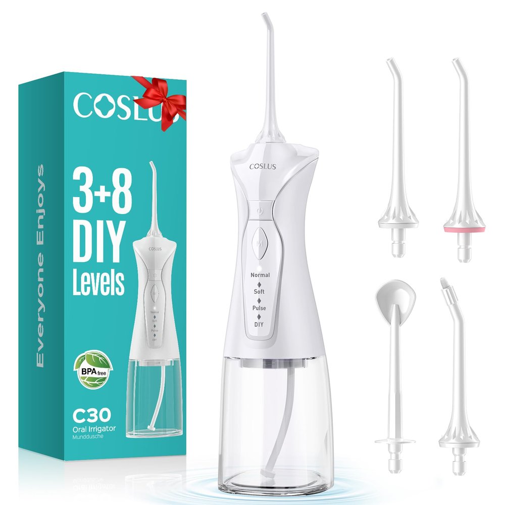 COSLUS Water Teeth Flosser Picks: 4 Modes Cordless Irrigator 300ML Portable Electric Flossing Machinerie for Teeth Cleaning Rechargeable IPX7 Waterproof Tooth Pick Set Cleaner for Travel Home