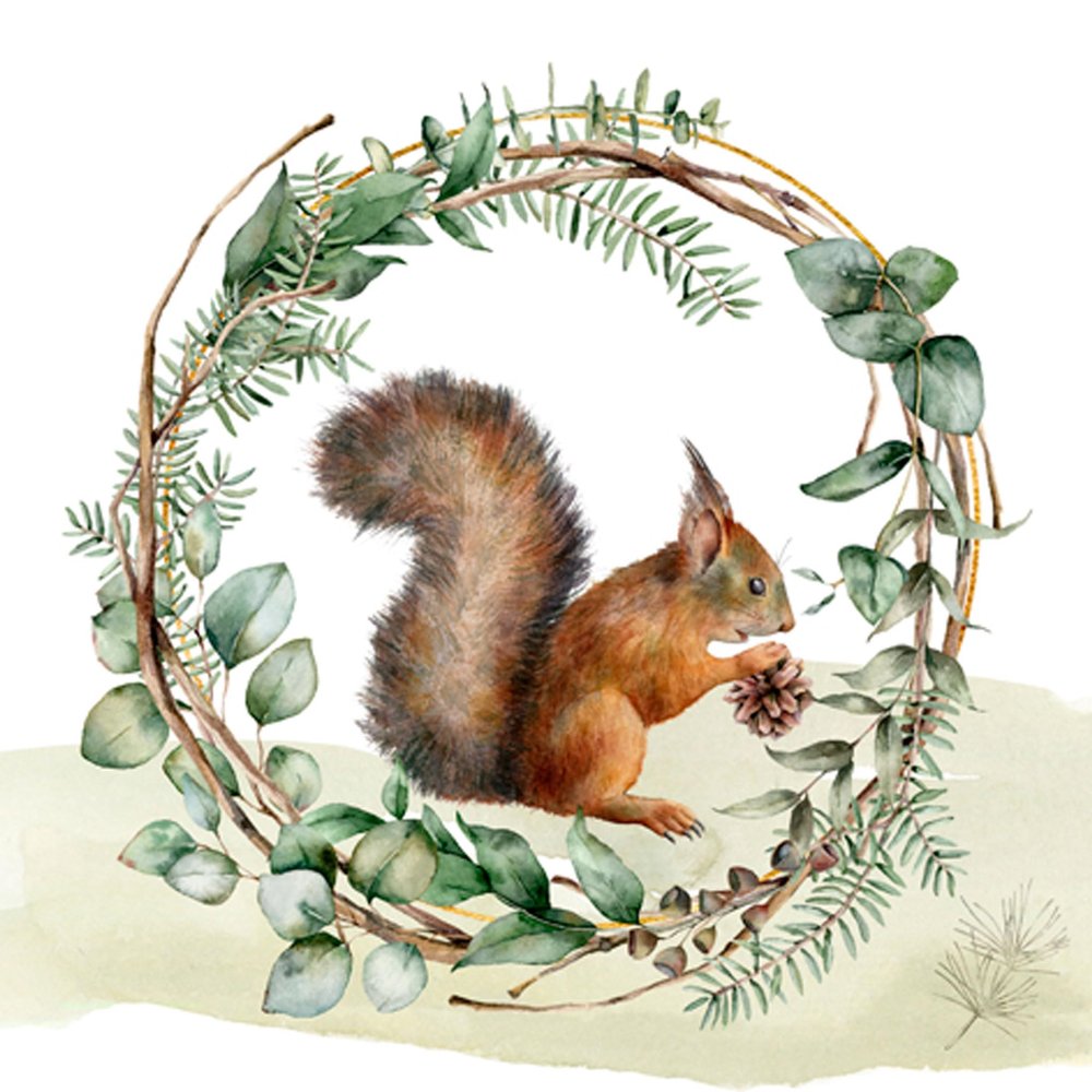 20 Napkins Animal Motifs Squirrel in Natural Wreath as Table Decoration Paper Napkins with Motif Also for Decoupage and Decoupage 33 x 33 cm