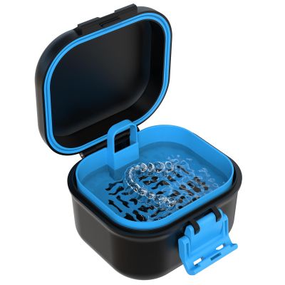 BVN Leak-Proof Denture Bath Case with Strainer Basket, Portable Denture Cup for Soaking False Teeth, Retainers & Gum Shields, Travel Cleaning Container (Black + Blue)