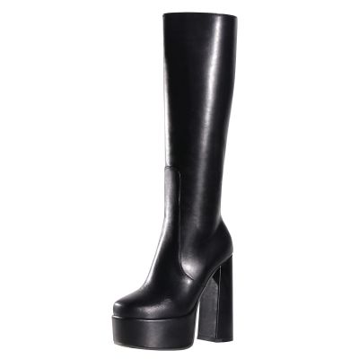 WOkismD 14CM/5.51IN Sexy Boots Square Toe Thick Sole Thick Heel Side Zipper Fashion Boots,Black,38