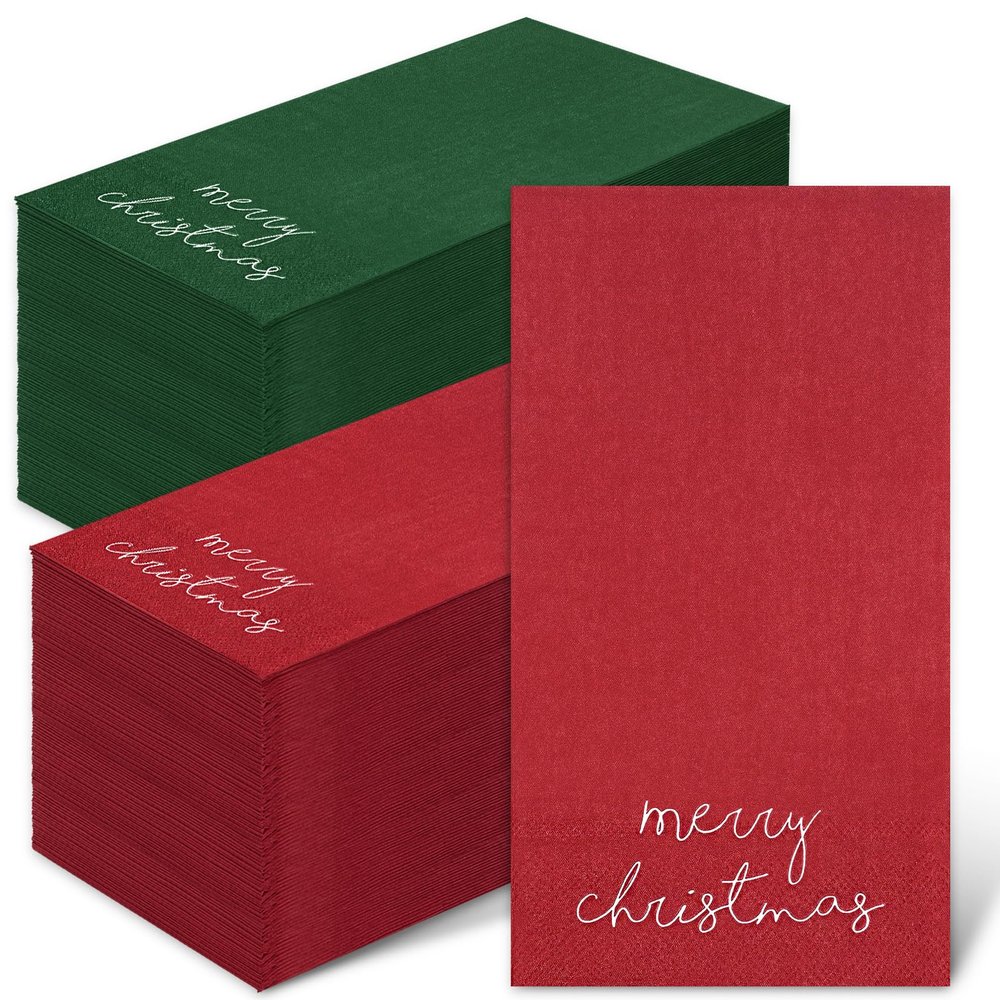 Whaline Christmas Guest Napkins Red Green Merry Christmas Paper Napkins Disposable Xmas Guest Hand Napkin Towel for Winter Holiday Party Supplies Bathroom Table Decor,80Pcs