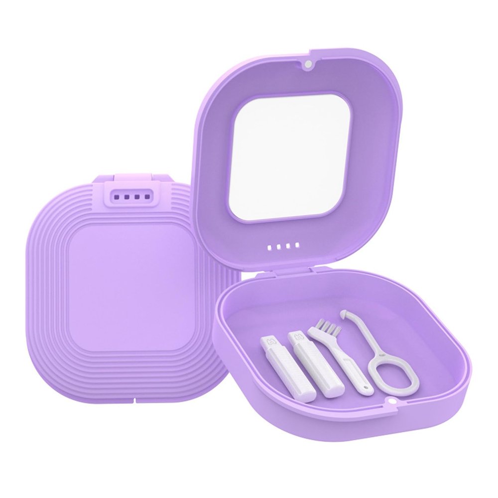 Luojuny Retainer Case with Vent Holes, Mirror, Slim Retainer Case Holder Denture Case for Travel, Mouth Guard Case with Gums, Picker, Clean Brush, for Women & Men Purple