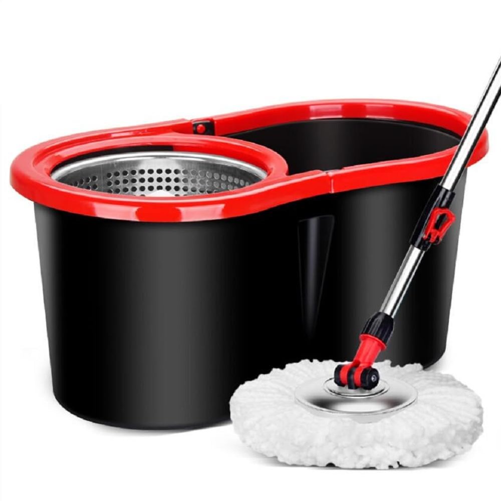 JUNYFFF Microfibre Mop And Bucket Set with Extra 4-In-1 Head Replacement, Spin Mop for Cleaning Floors, Set of 1X Mop, 1X Bucket And 3X Refill, Red