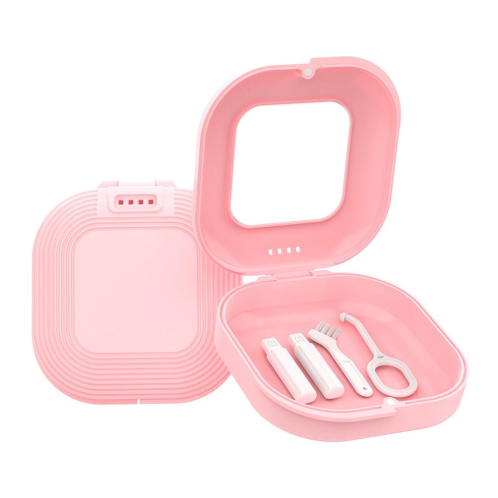 Luojuny Retainer Case with Vent Holes, Mirror, Slim Retainer Case Holder Denture Case for Travel, Mouth Guard Case with Gums, Picker, Clean Brush, for Women & Men Pink