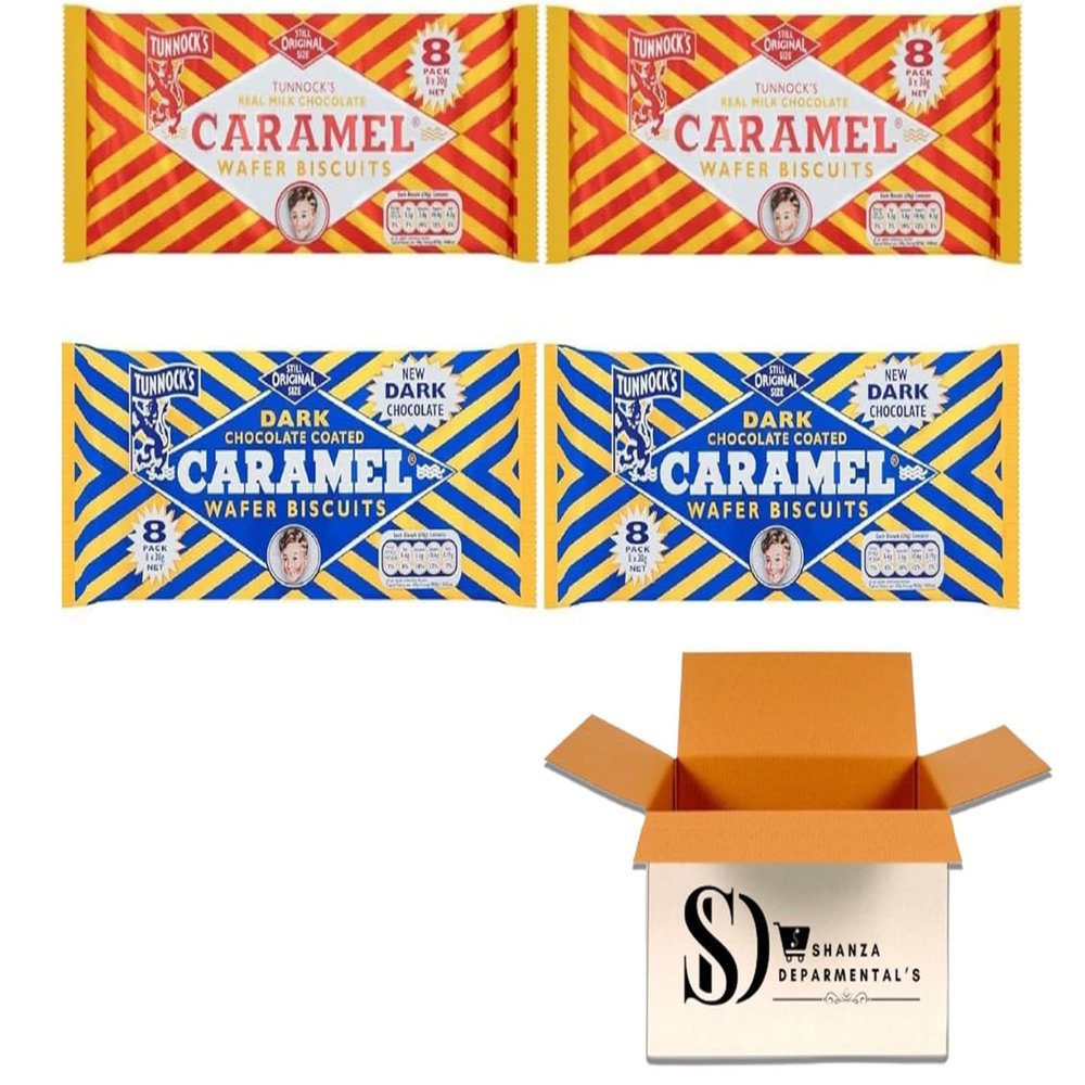 2xTunnocks Milk Chocolate Caramel Wafers 8 x30g and 2xTunnocks Dark Chocolate Caramel Wafers 8 x30g