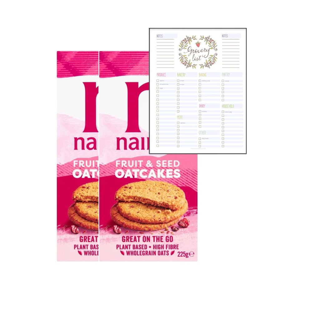 Oatcakes Bundle which Contains Nairns Fruit & Seed Oatcake 225g - Pack of 2 with Grocery List Card