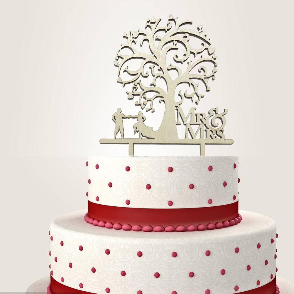 Mr and Mrs Cake Topper Bride and Groom Sign Wedding and Engagement Anniversary Party Decoration Personalized Wooden Love Tress Cake Toppers Decorations