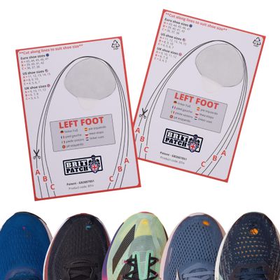 Trainer Armour Brit Patch (formerly Big Toe Hole Preventer for fabric footwear. Self-adhesive patches with a clever applicator. Also used for footwear repair (Black, LEFT FOOT ONLY)