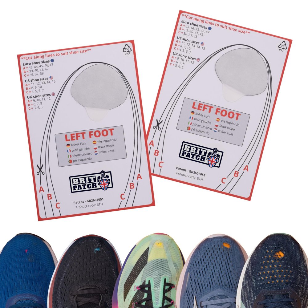 Trainer Armour Brit Patch (formerly Big Toe Hole Preventer for fabric footwear. Self-adhesive patches with a clever applicator. Also used for footwear repair (Black, LEFT FOOT ONLY)