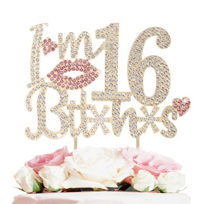 LASKYER I'm 16th Birthday Funny Gold & Pink Rhinestone Cake Topper - Happy 16th Birthday Cheers to 16 Years Old Sixteen Bday Party Metal Sparkly Food Centerpieces Topper Decorations Sign.
