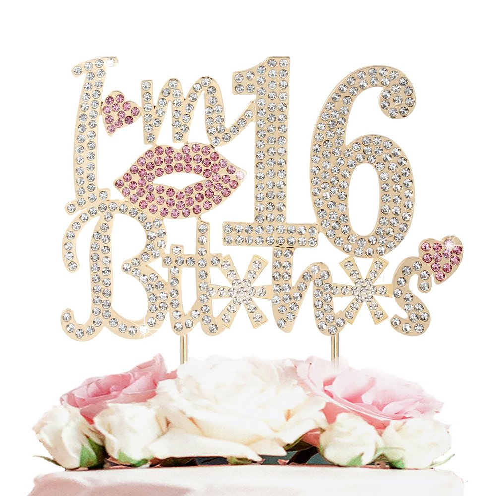 LASKYER I'm 16th Birthday Funny Gold & Pink Rhinestone Cake Topper - Happy 16th Birthday Cheers to 16 Years Old Sixteen Bday Party Metal Sparkly Food Centerpieces Topper Decorations Sign.