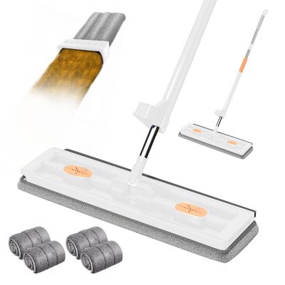 Adjustable 360 Rotating Flat Mop with Super Absorbent Fiber Pads and Wet and Dry Use, Mop with Automatic Water Compression (4 Microfibre Pads) (White)