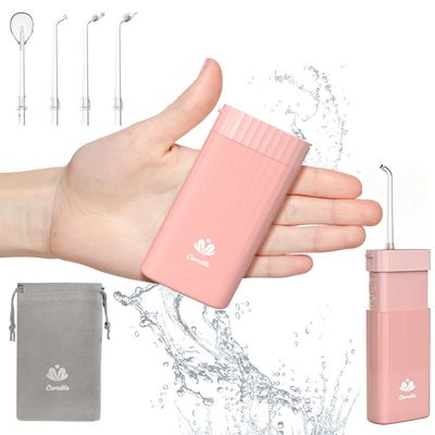 Caredite Cordless Mini Water Flosser, Portable Rechargeable Tooth Cleaner for Home Travel, 4 Tips 3 Modes, IPX7 Waterproof for Dental Care, Pink
