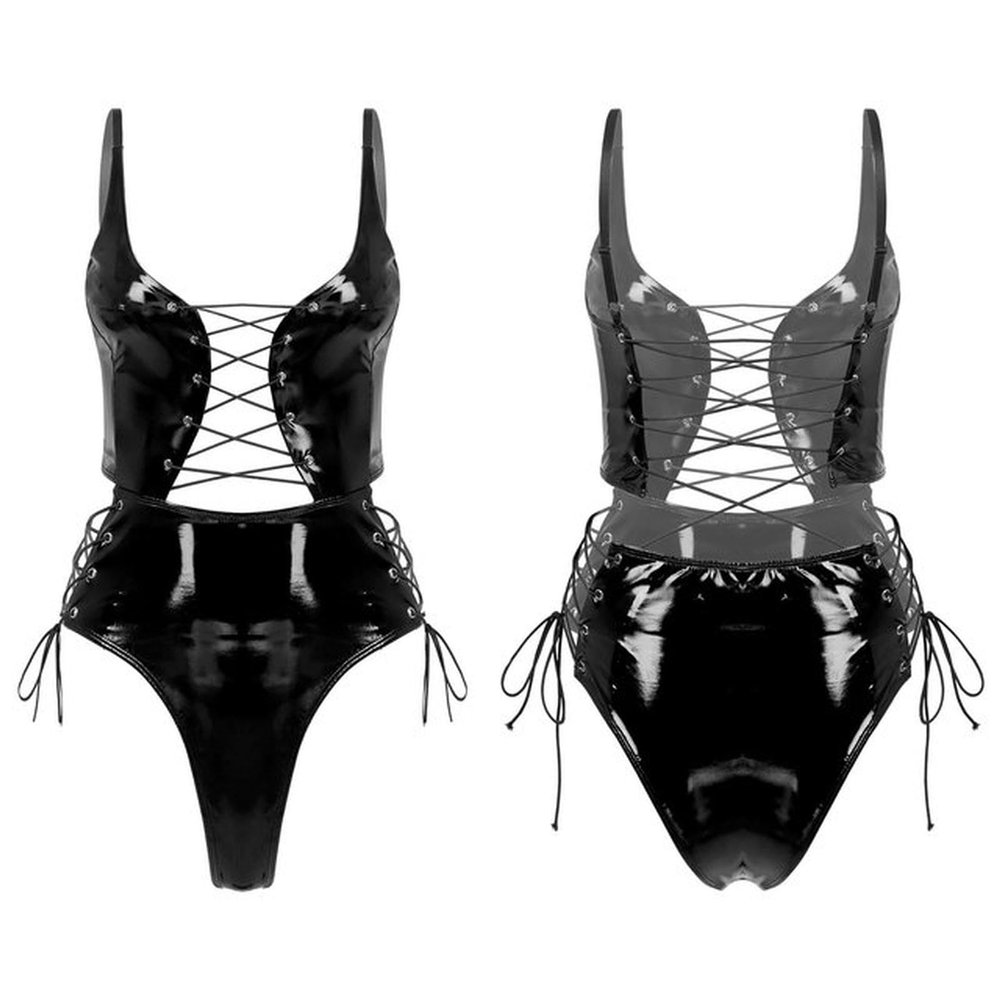 DOUKI Womens Wet Look Patent Leather Sexy One Piece Lingerie Summer Adjustable Straps One-Piece Bodysuit Lace-up Catsuit Clubwear