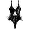 DOUKI Womens Wet Look Patent Leather Sexy One Piece Lingerie Summer Adjustable Straps One-Piece Bodysuit Lace-up Catsuit Clubwear view 2