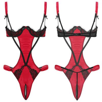 DOUKI Women One-piece Lingerie Open Crotch Bodysuit Adjustable Shoulder Straps 1/4 Underwired Open Cups Crotchless Backless Nightwear