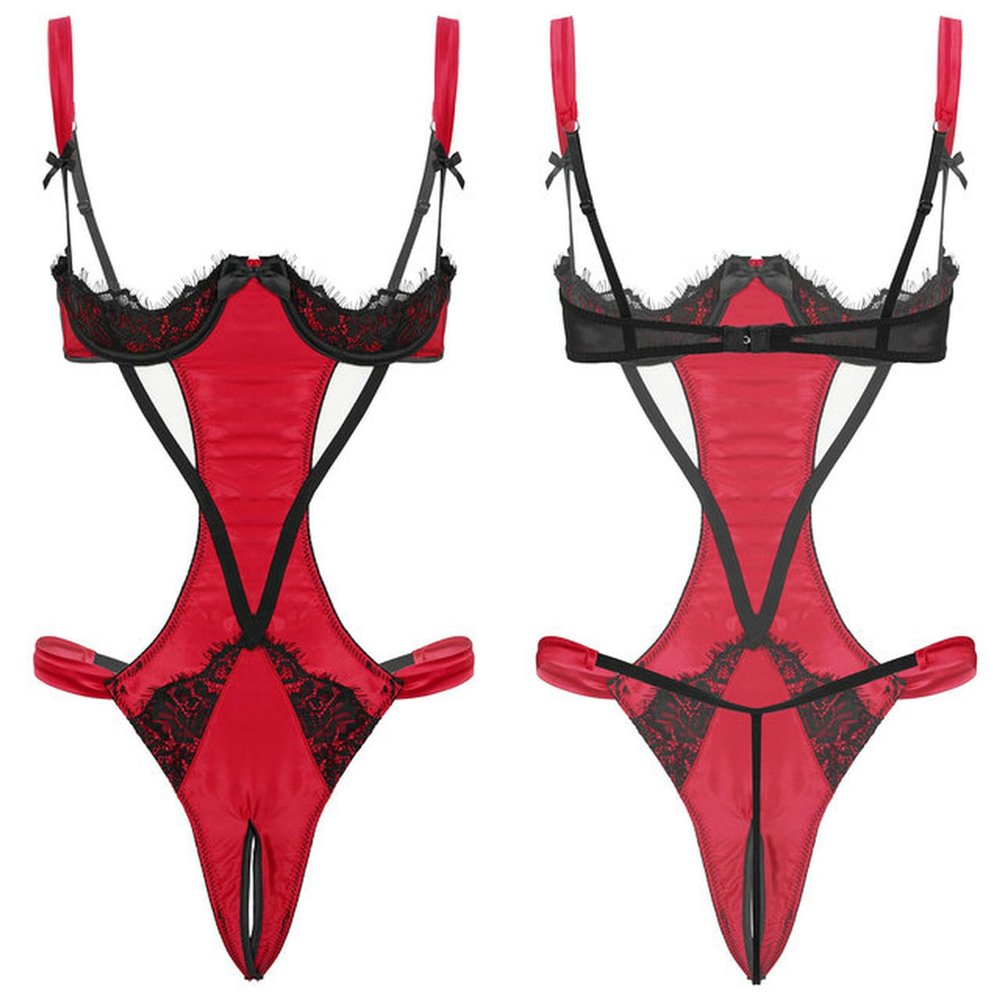 DOUKI Women One-piece Lingerie Open Crotch Bodysuit Adjustable Shoulder Straps 1/4 Underwired Open Cups Crotchless Backless Nightwear