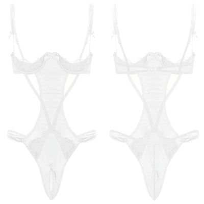 DOUKI Women One-piece Lingerie Open Crotch Bodysuit Adjustable Shoulder Straps 1/4 Underwired Open Cups Crotchless Backless Nightwear