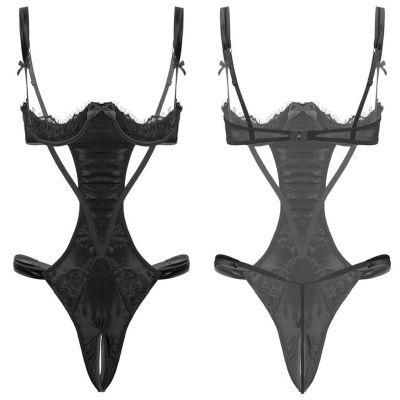 DOUKI Women One-piece Lingerie Open Crotch Bodysuit Adjustable Shoulder Straps 1/4 Underwired Open Cups Crotchless Backless Nightwear
