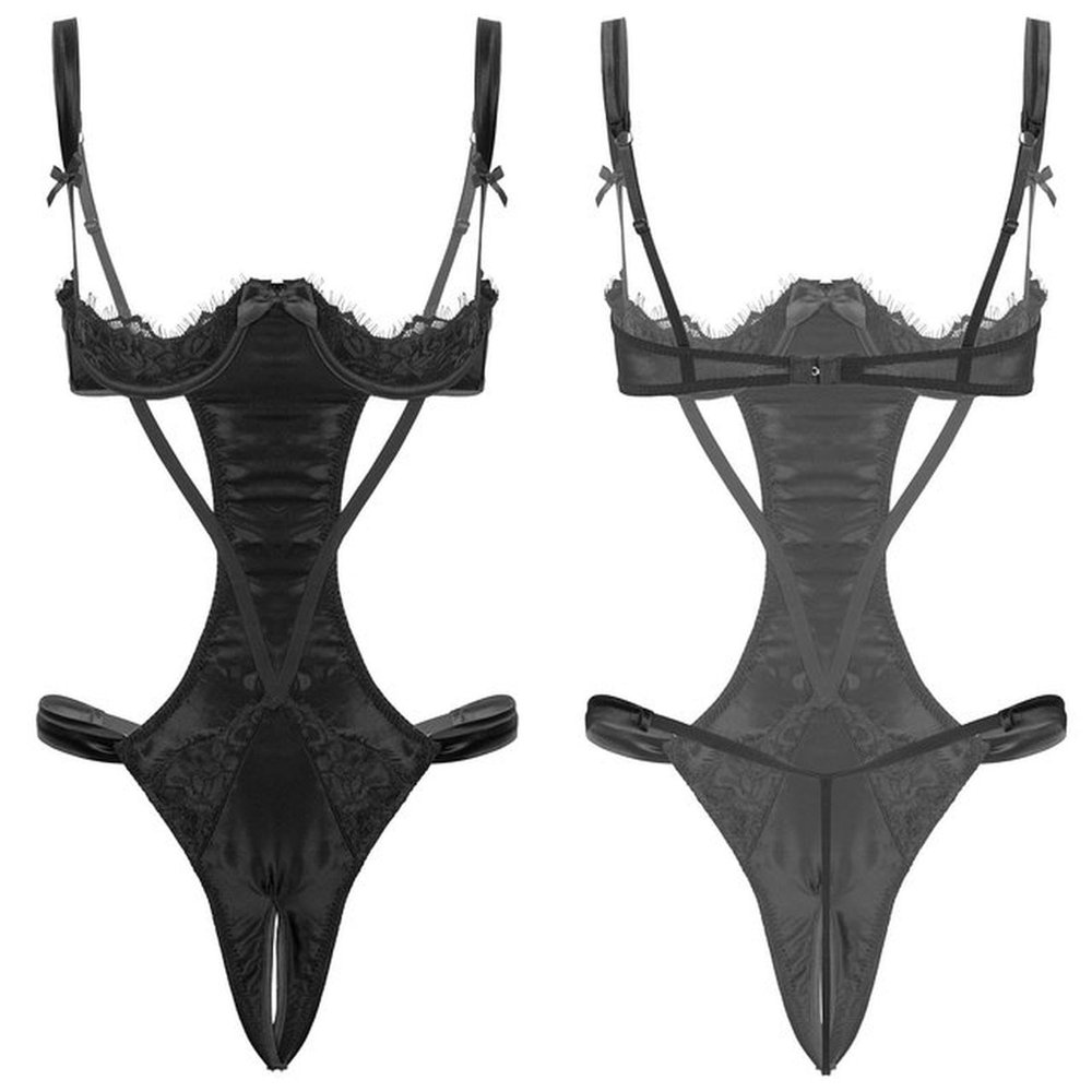 DOUKI Women One-piece Lingerie Open Crotch Bodysuit Adjustable Shoulder Straps 1/4 Underwired Open Cups Crotchless Backless Nightwear