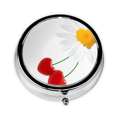 Daisy Heart Love Romance Pill Box 3 Compartment Pill Case Portable Pill Organizer for Pocket or Purse Tablet Box Decorative Metal Medicine Vitamin Organizer Unique Gift