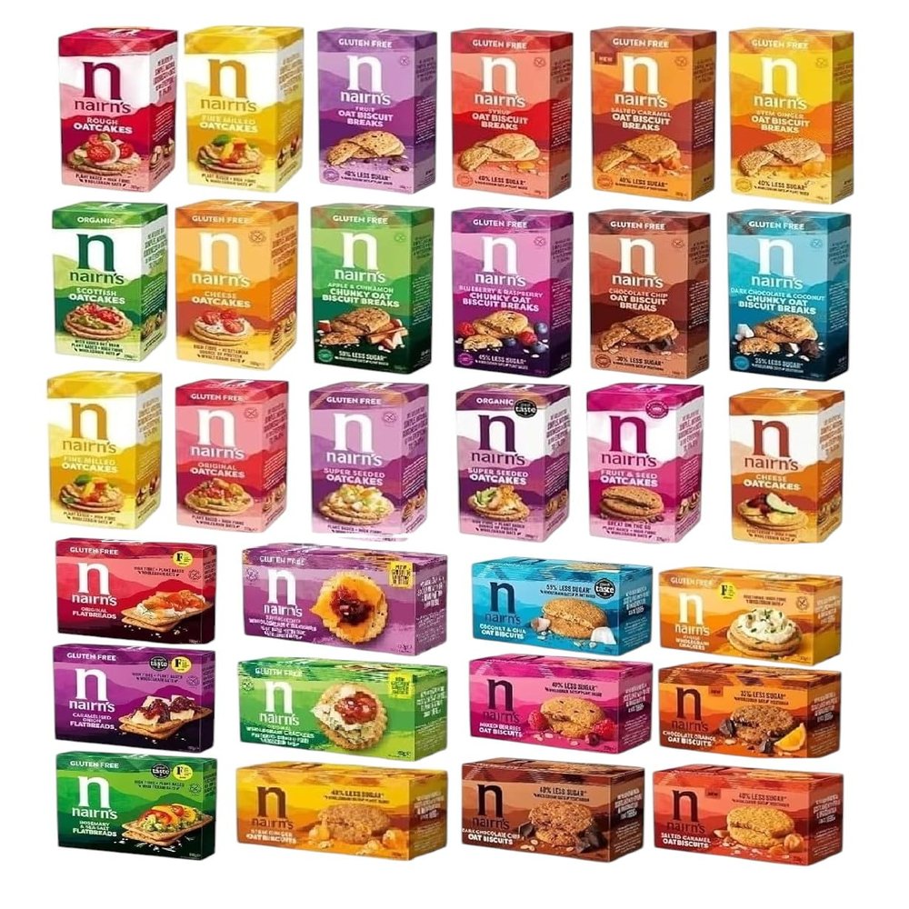 Nairn's PICK ANY 6 Gluten Free & Non-Gluten Free Oat Biscuits, Oatcakes, Crackers, Flatbreads. Flavours inc. Chocolate chip, cheese, fruit and seed, Stem Ginger, Mixed Berries, Salted Caramel Etc.
