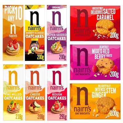 Nairn's Variety Pack - Pick Any 10 - Oat Biscuits and Oatcake Snacks - Healthy Snacks - Assorted Flavours: Fruit & Seed, Stem Ginger, Mixed Berries & More