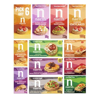 Nairn's PICK ANY 6 Gluten Free Oat Biscuits, Oatcakes, Crackers, Flatbreads. Flavours inc. Chocolate chip, cheese, Stem Ginger, Salted Caramel Etc.