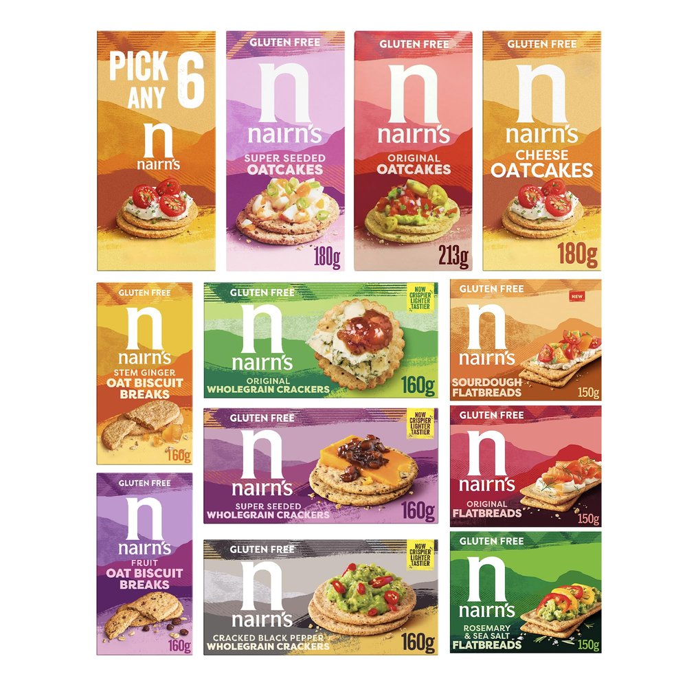 Nairn's PICK ANY 6 Gluten Free Oat Biscuits, Oatcakes, Crackers, Flatbreads. Flavours inc. Chocolate chip, cheese, Stem Ginger, Salted Caramel Etc.