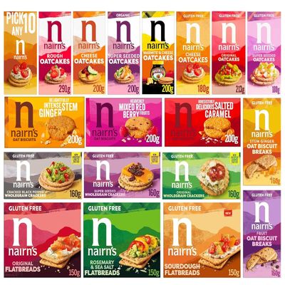 Nairn's Variety Pack - Pick Any 10 - Gluten-Free & Non Gluten-Free Oat Biscuits, Oatcakes, Crackers & Flatbreads - Healthy Snacks - Assorted Flavours: Fruit & Seed, Stem Ginger, Mixed Berries & More