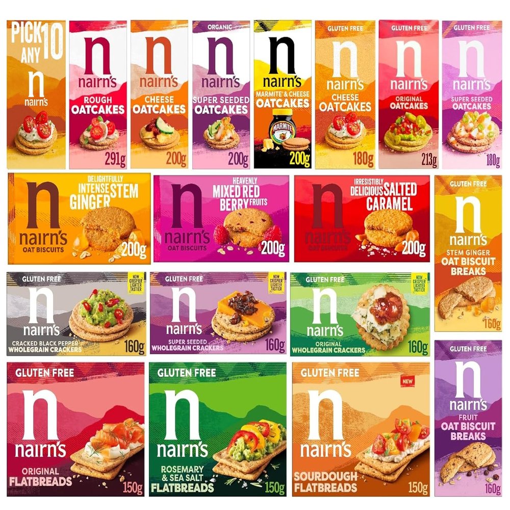 Nairn's Variety Pack - Pick Any 10 - Gluten-Free & Non Gluten-Free Oat Biscuits, Oatcakes, Crackers & Flatbreads - Healthy Snacks - Assorted Flavours: Fruit & Seed, Stem Ginger, Mixed Berries & More