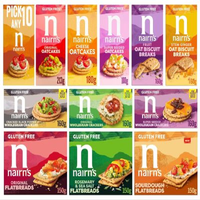 Nairn's Variety Pack - Pick Any 10 - Gluten-Free Snacks - Oat Biscuits, Oatcakes, Crackers & Flatbreads - Healthy Snacks - Assorted Flavours: Stem Ginger, Salted Caramel, Cheese, Rosemary and More