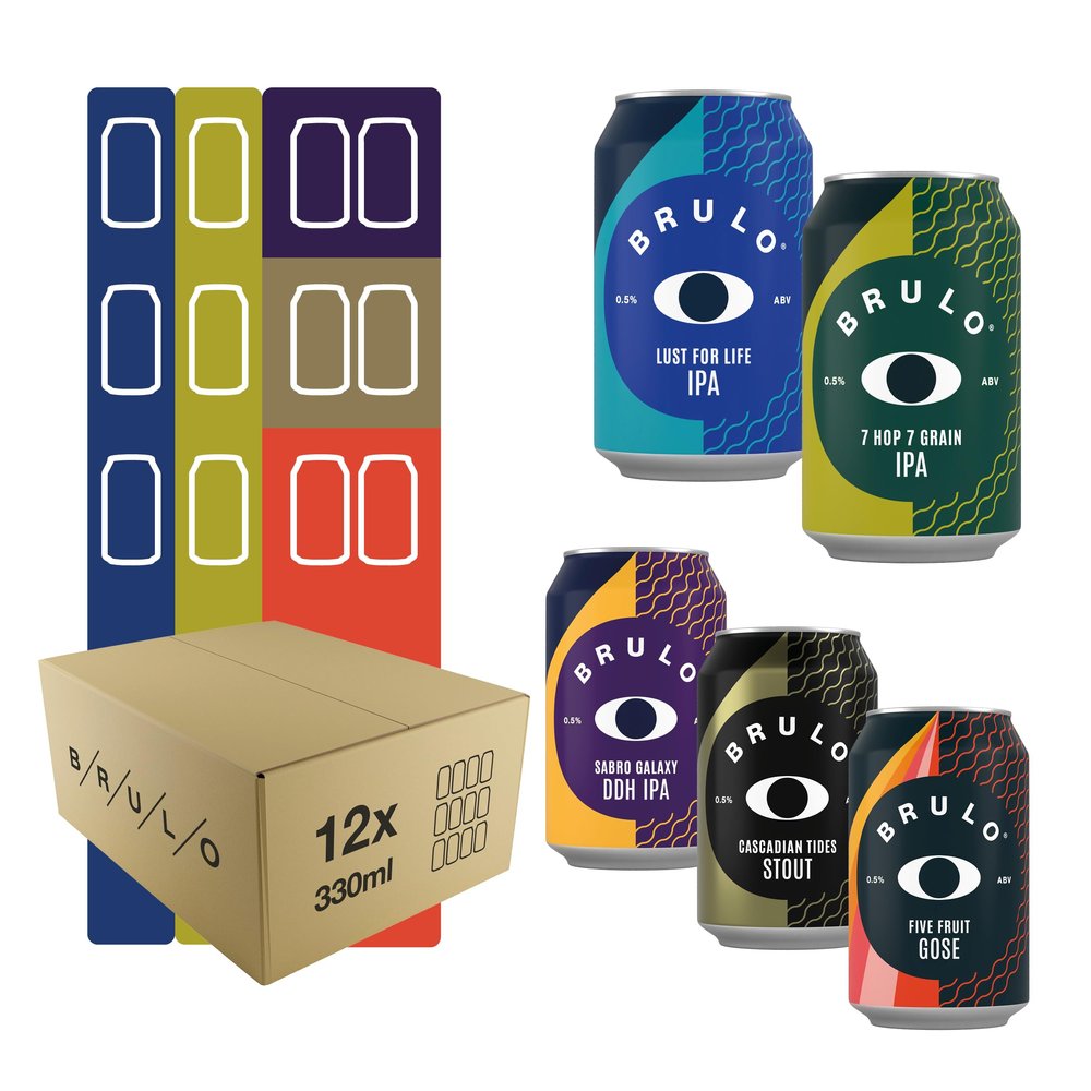 Brulo Non-Alcoholic Beer 12 Pack Mixed Discovery Set Alcohol Free Craft Beer Low-Calorie Drinks Vegan Great Gift Dry January