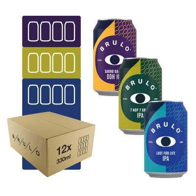 Brulo Non-Alcoholic Beer 12 Pack - Mixed IPA Set Bundle, Alcohol-Free Craft Beer Selection, Low-Calorie Drinks, Vegan, Great Gift, Dry January