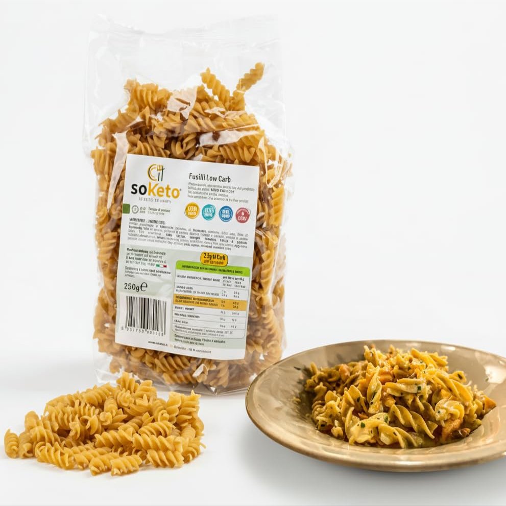 Fusilli Keto Pasta Low Carb Short Paste Pack of 5 x 250g - Very Low Carbohydrates Pasta with Low Glicemic Index or Ketogenic Diet