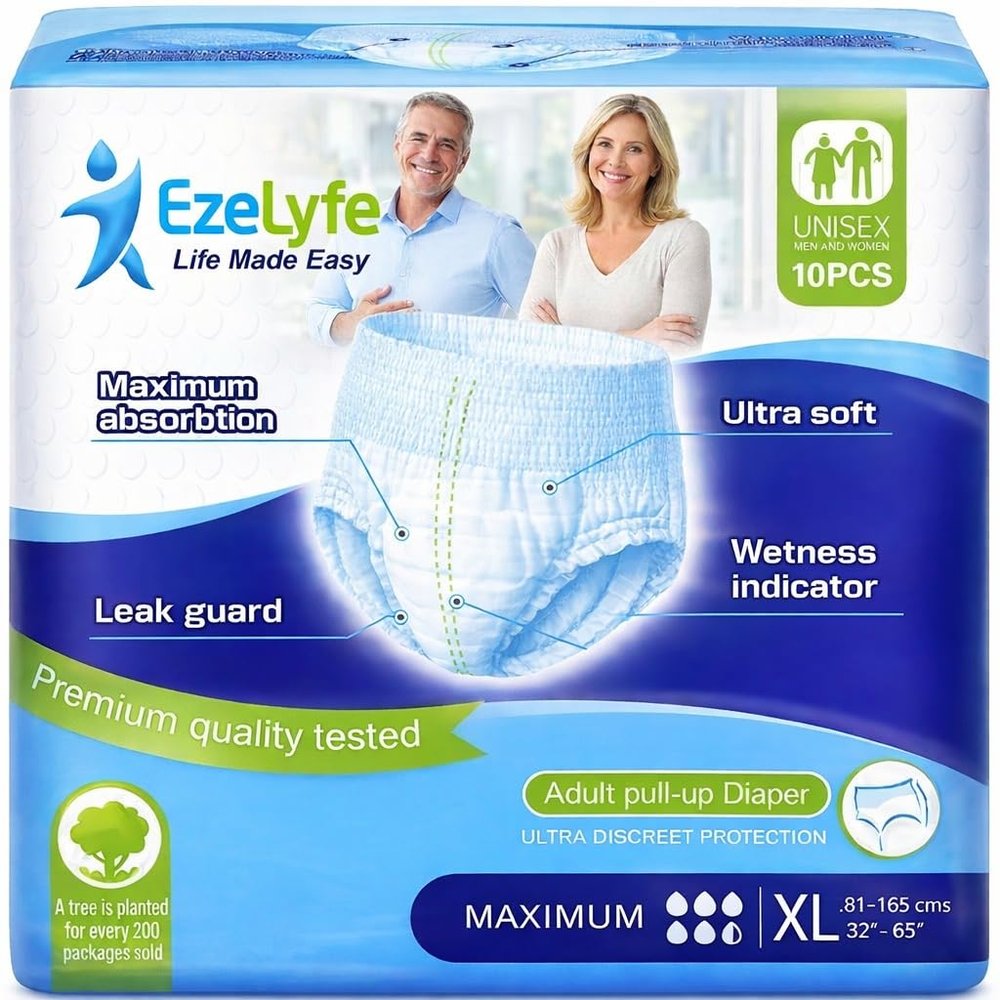 EzeLyfe Premium Adult Incontinence Pants Pull Up Diaper for Men and Women, Maximum Absorption, Ultra Soft, Anti-Leak Security, Breathable (XL (Pack of 120))