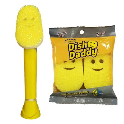 Scrub Daddy Dish Daddy Wand & Refill Heads, Soap Dispensing Dish Brush, Texture Changing Washing Up Sponge With Liquid Handle, Handle Sponge and Built-in Scraper & Scrubbing Head, Drip stand, Yellow