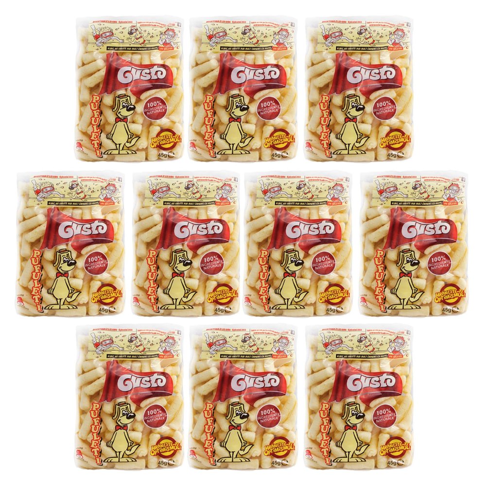 Gusto Pufuleti 45g, Salty Plain Corn Puffs, Romanian Corn Snack, Delicious Salted Corn Flips (Gusto Pufuleti 45g, 10 Pack)