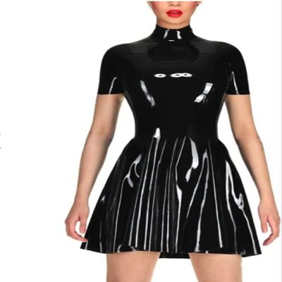 GOCTRN Black Sexy Latex Dress with Short Sleeves High Collar Back Zippers Rubber Bodycon Playsuit,Black,L