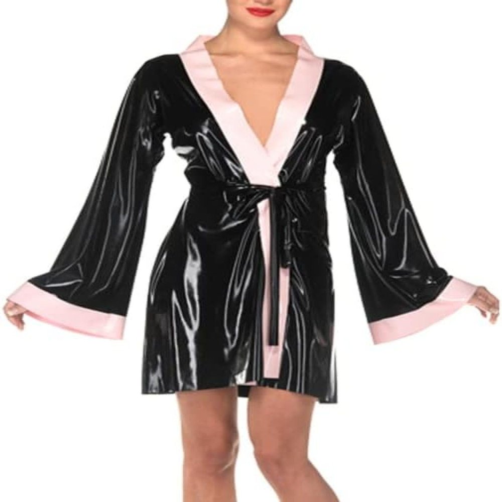 Pink and Black Sexy Latex Robe with Lacing Rubber Sleepwear Jacket Top Gown,Photo Color,S