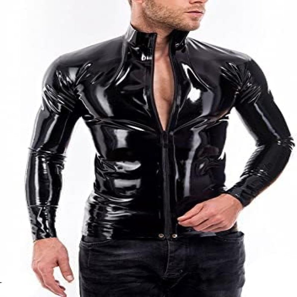 Latex Men Tops T-Shirt Front Zip Tank Tops Rubber T-Shirt Rubber Fetish Exotic Tank Tops with Front Zip,Black,L