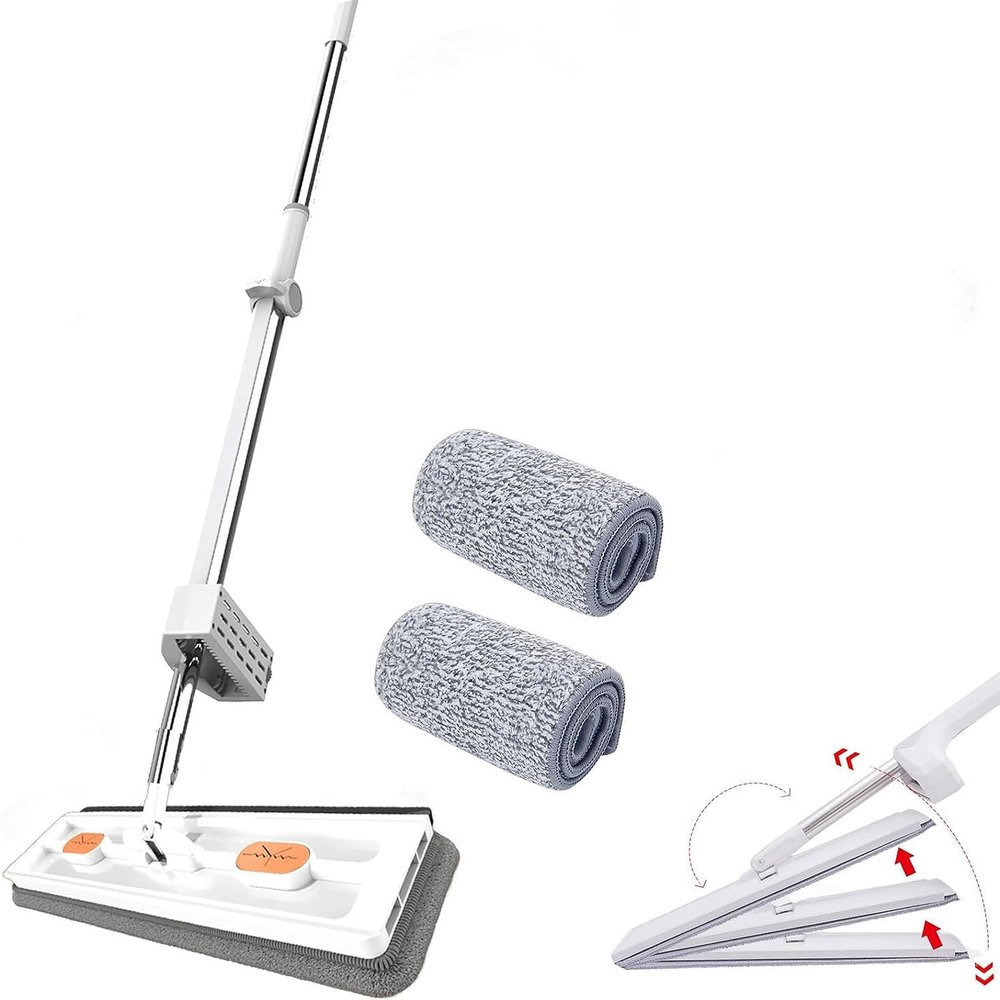 2023 New Upgrade Large Stainless Steel Flat Mop Long Handle with Reusable Microfiber Pads,360 Rotating Mop with Dewatering Scraper Surface Microfiber For Wall Floor Cleaning (White)