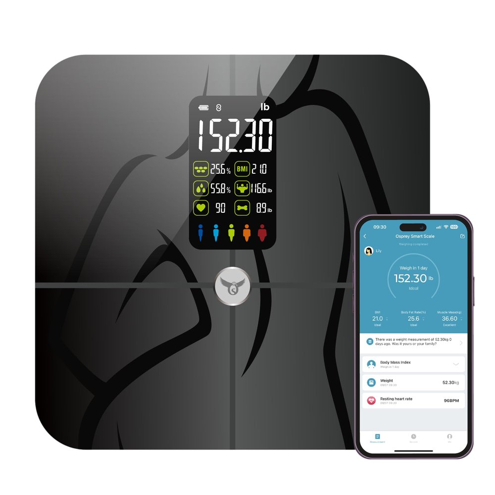 flying Osprey Smart Scale for Body Weight and Fat, Bathroom Scales 18 Composition Analyzer Sync to APP, 4'7'' Digital Display, High Accurate BMI, Heart Rate, Muscle 400lbs (Black)