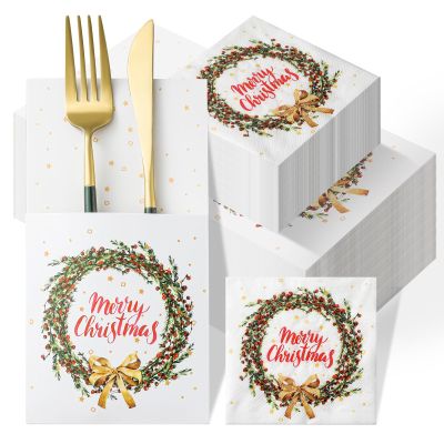 Zhanmai 150 Christmas Cocktail Napkins with Cutlery Holders Set Christmas Paper Napkins with Pocket Napkins Disposable Dinner Napkins for Xmas Party Silverware Supplies (WOO-Zhanmai-513)