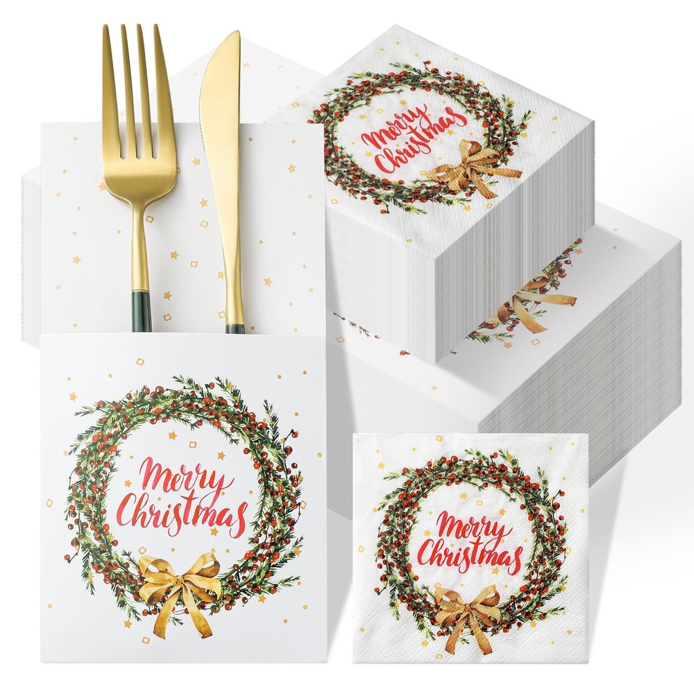 Zhanmai 150 Christmas Cocktail Napkins with Cutlery Holders Set Christmas Paper Napkins with Pocket Napkins Disposable Dinner Napkins for Xmas Party Silverware Supplies (WOO-Zhanmai-513)